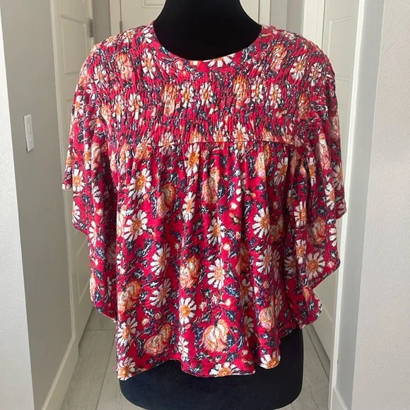 Free People Printed Ruffle Sleeve Crop Topo Size XS Red-Multi Color. - Picture 2 of 9